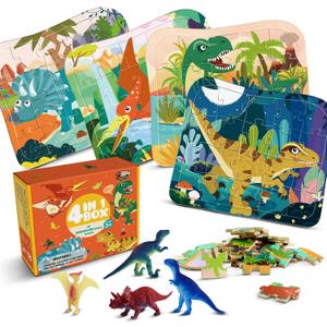 Wooden Dinosaur Puzzles for Kids Ages 4-6, 4 in 1 Gift Box 4-Pack 20-Piece Jigsaw Puzzles Come with 4 Small Dino Figures,Preschool Educational Toys Gifts for Kids Boys Girls Ages 3+