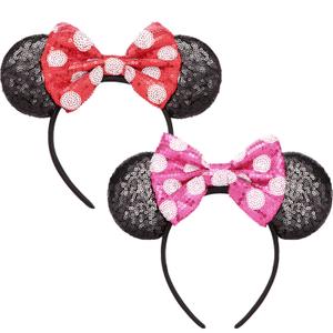 2 Pcs Mouse Ears Sequin Headbands for Women, Mouse Ears Bows Headbands for Princess Decoration Cosplay Birthday Christmas Party (Polka Dot x2)