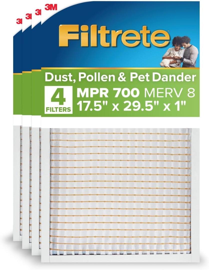Filtrete 17.5x29x5x1 AC Furnace Air Filter, MERV 8, MPR 700, Tough on Pollen, Easy on Airflow, 3-Month Pleated 1-Inch Electrostatic Air Cleaning Filter, 4-Pack (Actual Size 17.19 x 29.19 x 0.81 in)