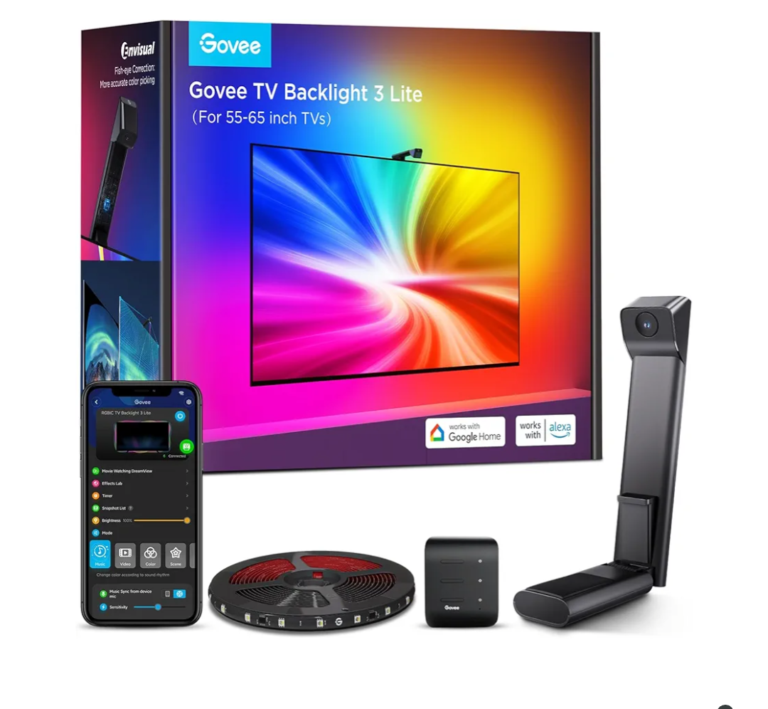 Govee TV Backlight 3 Lite with Fish-Eye Correction Function Sync to 55-65 Inch TVs, 11.8ft RGBICW Wi-Fi LED Strip Lights with Camera, 4 Colors in 1 Lamp Bead, Voice and APP Control, Adapter