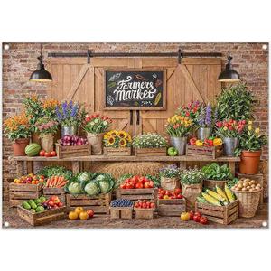 7x5ft Fabric Farmers Market Backdrop Fresh Vegetables Flowers Wooden Barn Spring Photography Background Baby Shower Birthday Party Decorations Photo Banner Props