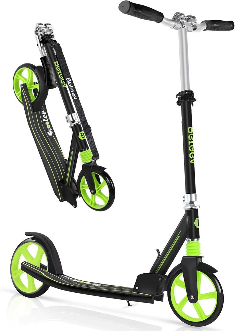 BELEEV V5 Scooters for Kids 6 Years and up, Folding Kick Scooter 2 Wheel for Adults Teens, 4 Adjustable Handlebar, 200mm Big Wheels, Lightweight Sports Commuter Scooter, Sturdy Frame, up to 220lbs (Green)