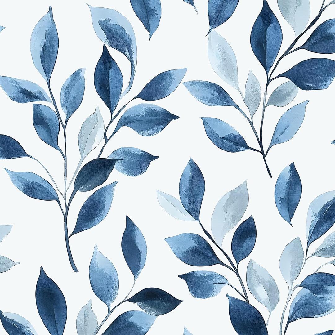 VOLEAAR Blue Leaf Boho Peel and Stick Wallpaper  17.5" x 393" Self-Adhesive Vinyl Blue Floral Contact Paper for Bedroom Bathroom Walls, Modern Removable Wallpaper Decor in Navy and White
