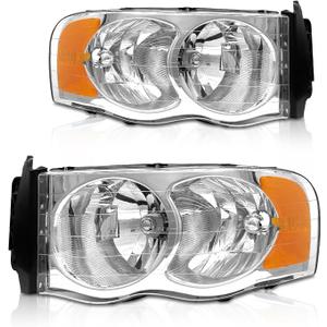AS Headlights Assembly Compatible with 2002 2003 2004 2005 Dodge Ram 1500/03 04 05 Dodge Ram 2500/3500 Chrome Housing Amber Reflector Driver and Passenger Side Pair