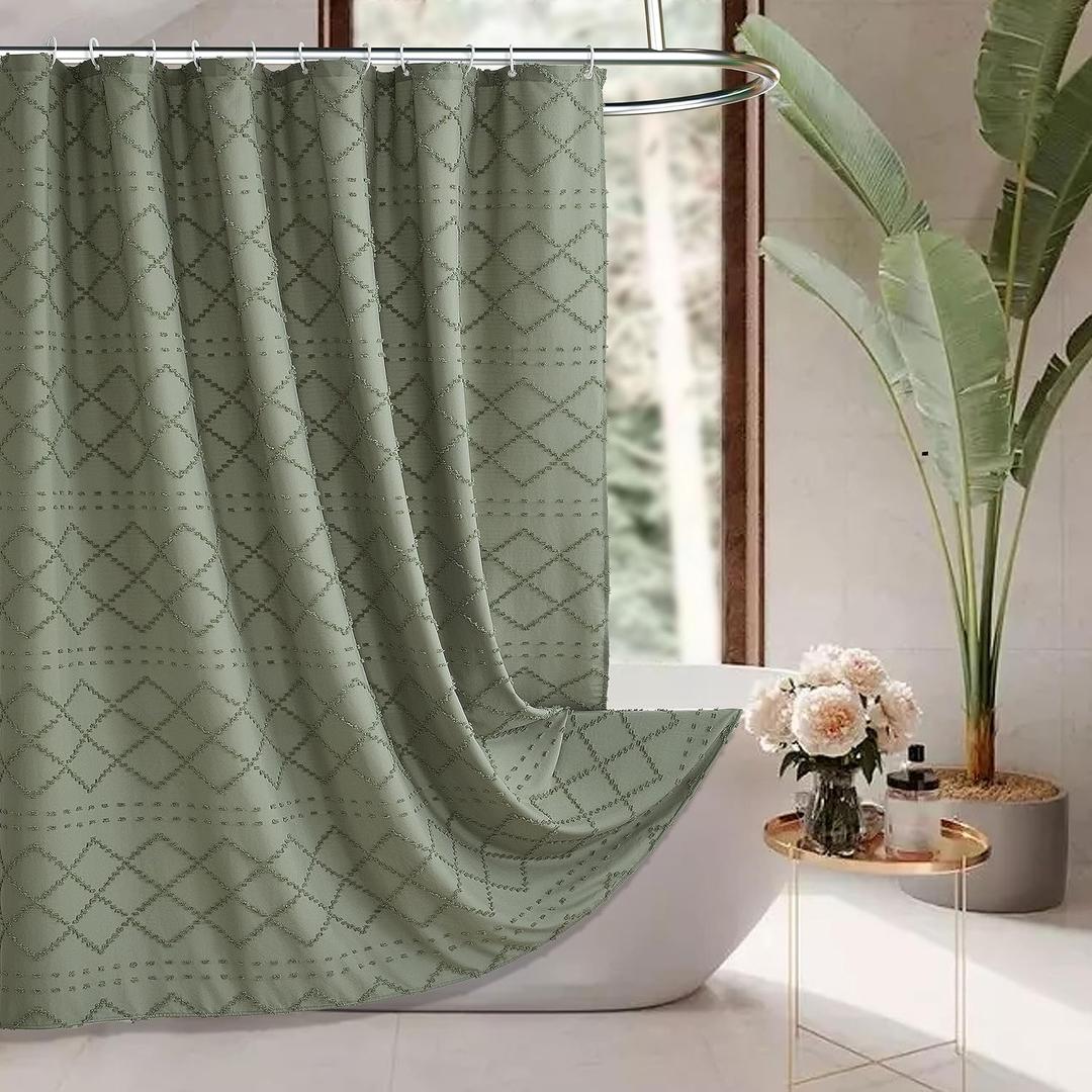 Sage Green Boho Shower Curtain, 60 x 72 Tufted Chevron Textured Striped Modern Farmhouse Minimalist Cloth Shower Curtain for Bathroom