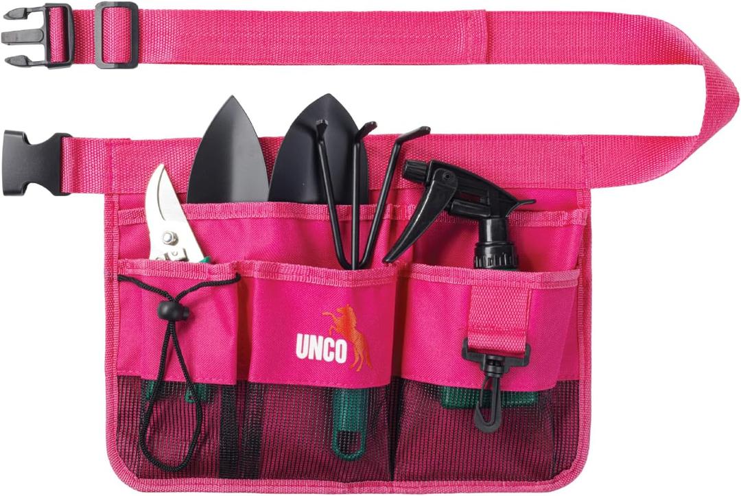UNCO- Adjustable Gardening Belt, Pink, 7 Pockets, Wear, Cut and Water Resistant, Garden Tool Belt Pouch, Waist Apron with Pockets