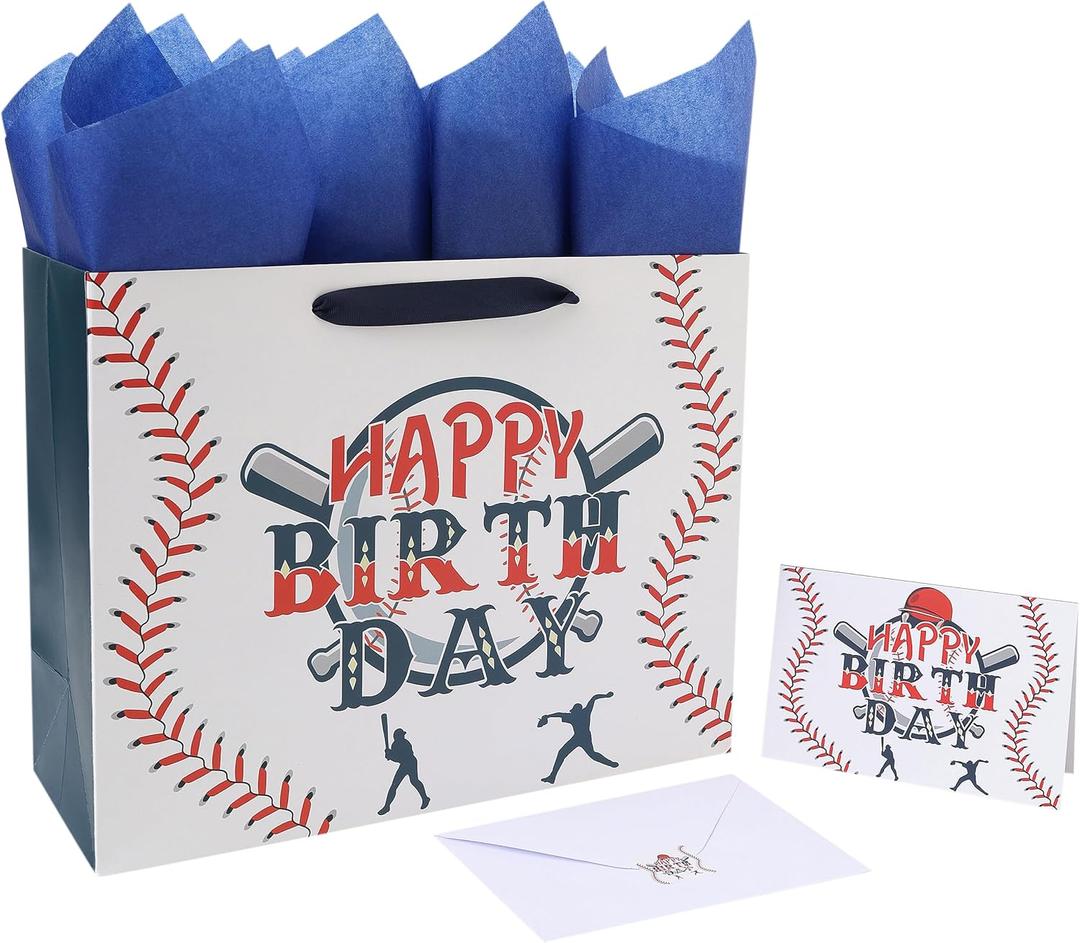 wishinside 13” Large Baseball Happy Birthday Gift Bag Set with Handles, Greeting Card, Tissue Papers and Stickers for Boys Kids Teens, Sport Themed Birthday Design, 1 Pcs