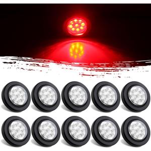 10Pcs 2" Inch Round Red Led Trailer Side Marker Clearance Lights Kit Clear Lens 9 LED Reflectors w/Rubber Lights Grommets and 2 Prong Wire Pigtails Sealed Waterproof Marker Lights for Trucks 12V