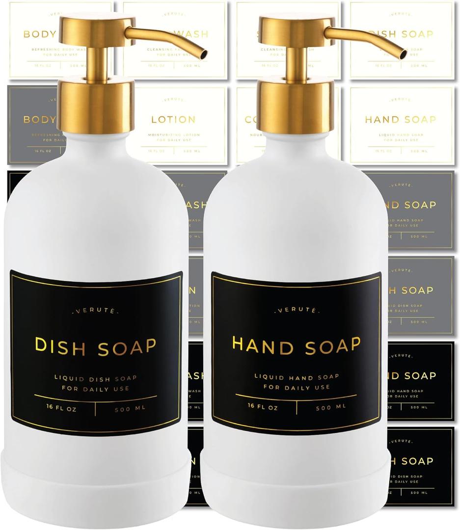 Hand and Dish Soap Dispenser for Kitchen and Bathroom, Set of 2 16 Oz Glass Bottles, Stainless Steel Pumps, NonSlip Silicone Base, 27 Waterproof Labels (Matte White Bottle/Brushed Gold Pump)