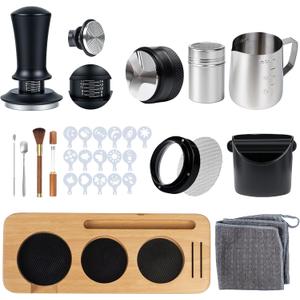 29PCS Espresso Accessories Kit,51mm Espresso Tamper Tools,Includes Wood Station,Distributor,Knock Box,Stirrer,Dosing Funnel,Brush,Puck Screen,Frothing Pitcher,Powder Ring,Towel,Decorative Stencils