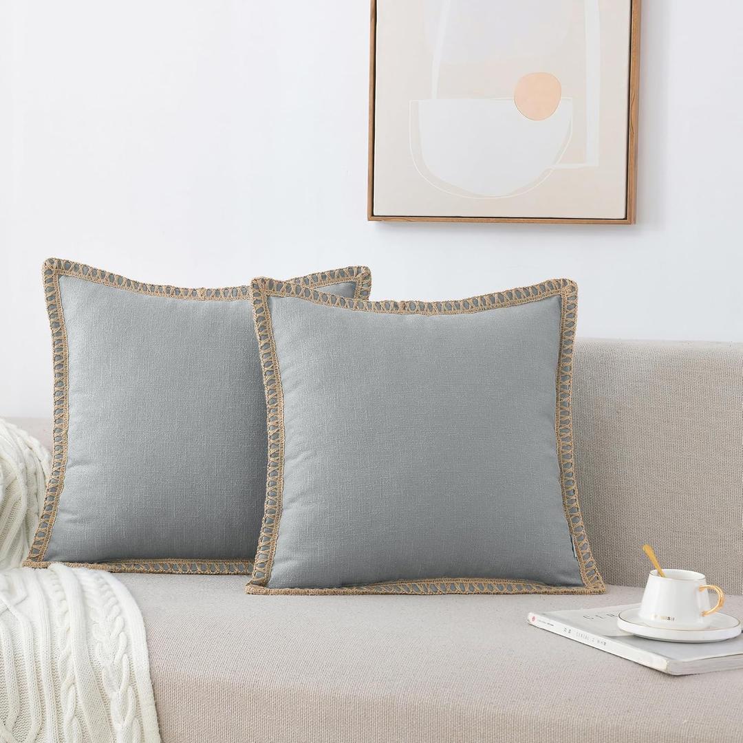 NordECO HOME Set of 2 Throw Pillow Covers - Burlap Linen Trimmed Tailored Edges Decorative Cushion Covers for Bed Home Decoration (2 Pieces, 18" x18", Concrete Grey) (18" x 18" (Pack of 2))