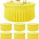 6 Pack Yellow Spandex Round Tablecloths for 72 inch Table, Wrinkle Free Stretchy 132inch Fitted 6FT Round Table Cover with Skirt for Wedding Party Dining Banquet