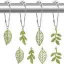 Leaves Shower Curtain Hooks-12Pack Green Plant Leaf Shower Curtain Rings,Metal Rustproof Shower Curtain Hangers,Shower Hooks Rings for Shower Curtain Rod, Bathroom Decoration Accessories