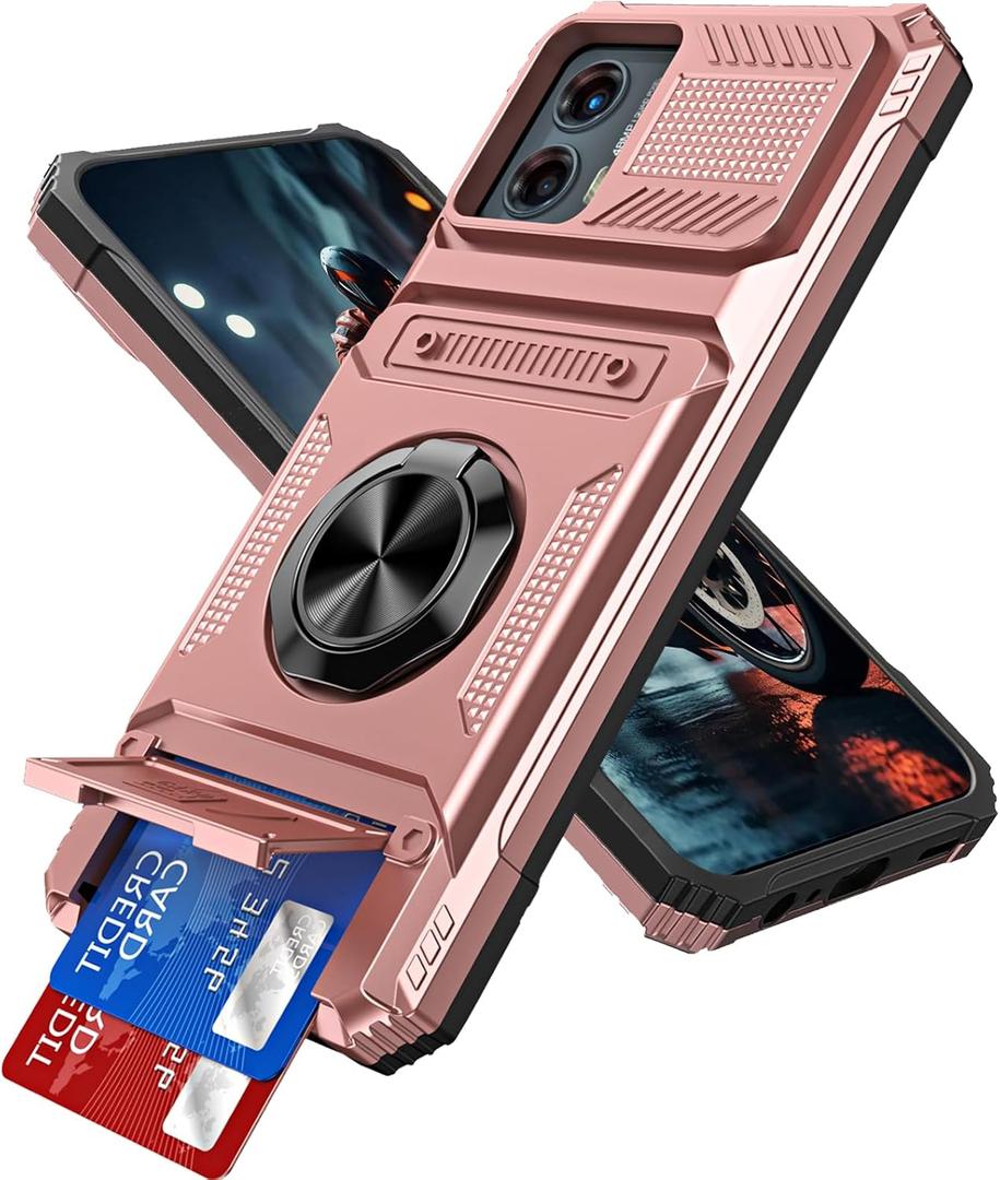 Case for Motorola Moto Edge 5G 2024 with Hidden Card Holder [Store 2 Cards] Magnetic Rotated Ring Kickstand Dual Layer Heavy Duty Shockproof Phone Case for Moto Edge 5G 2024, Rose Gold RJ