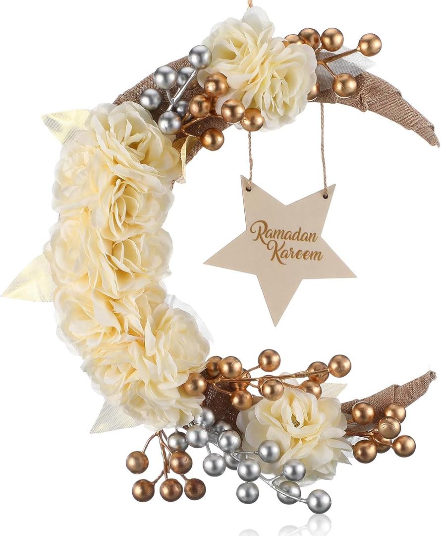Eid Ramadan Mubarak Wreaths Ramadan Decorations for Home Front Door Eid Decor Round Metal Hoop Floral Hanging Garland for Wall Window Indoors Outdoor Farmhouse Decor (Cute)