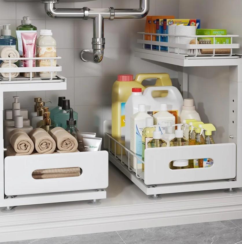 2 Pack Under Sink Organizer,Pull Out Cabinet Organizer with Smooth Cylindrical Rail,Metal Slide Out Drawer for Kitchen Bathroom Laundry Cabinet,8-Level Tool Free Height Adjustable-Black