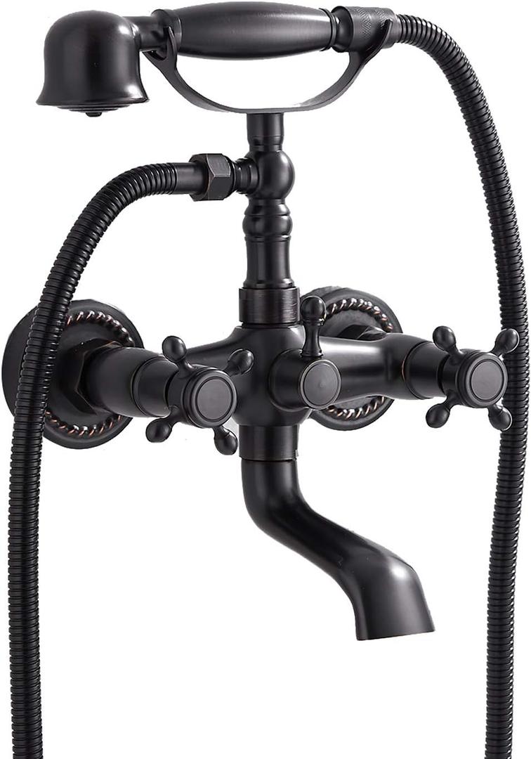 Oil Rubbed Bronze Tub Faucet GGStudy Clawfoot Bathtub Faucet Wall Mount Hand Held Shower Faucet Set Double cross Handle with Center with Adapter Adjustable Swing Arms