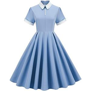 Women Short Sleeve 1950s Retro Vintage Cocktail Party Swing Dress Polka Dot Audrey Dress Casual A-Line Work Dress with Belt, Size M
