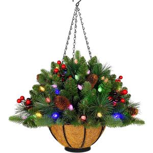18 Inches Pre-lit Artificial Christmas Hanging Basket with Red Berries, Pine Cones,40 C3 Dual-Color Multi-Functional Battery Operated LED Lights with Timer