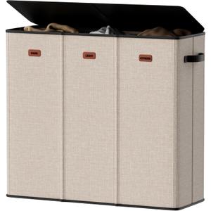 185L Laundry Hamper 3 Section, Laundry Hamper with Lid, Dirty Clothes Hamper with 3 Removable Washing Bags, Extra Large Laundry Basket Organizer for Bedroom, Laundry Room, Dorm - Khaki