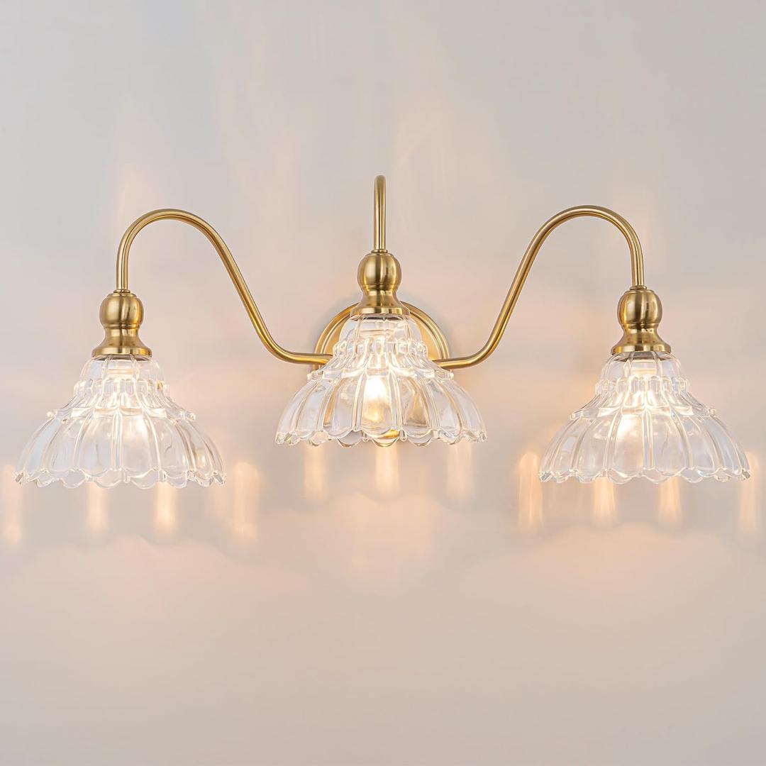 Vintage Bathroom Light Fixtures Over Mirror, 3-Light Brass Wall Sconce Lighting with Flower Glass Shade, Farmhouse Vanity Lights for Bedroom Kitchen Living Room Hallway Light