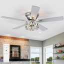 Breezary 52 inch Flush Mount Ceiling Fans with Lights Remote Control, 5 Reversible Blades Indoor Low Profile Crystal Lighting Chandelier Ceiling Fans for Bedroom Living Room (Chrome)