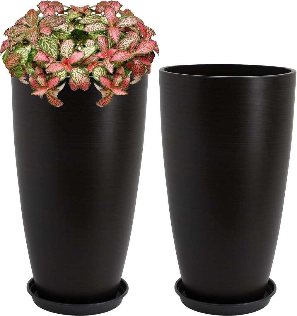Set of 2 Tall Planter, 21 inch Large Plastic Planter with Drain Hole & Saucers, Large Outdoor Planters for Porch, Garden, Patio, Balcony,(Brown)
