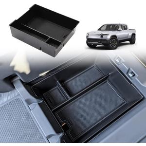 BestEvMod for Rivian R1T & R1S Accessories Center Console Organizer Tray Armrest Storage Box ABS Material with PVC Trim Compatible with Rivian R1T/R1S 2022-2025 2026 Accessories(W/O Coin Black)