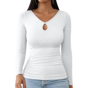 Fall Clothes Cut Out Shirt Keyhole Top for Women Long Sleeve T-Shirts Ribbed Knit Slim Fitted Basic Tee Top (White, L)