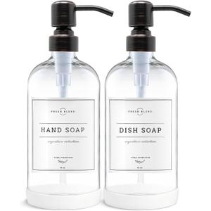 Vine Creations Clear Glass Soap Dispenser, 2 Pack Kitchen Soap Dispenser Set with Stainless Steel Pump, 16 oz Dish Soap and Hand Soap Dispensers for Bathroom with Waterproof Labels (Clear Bottle / Round Oil Rubbed Bronze Pump)