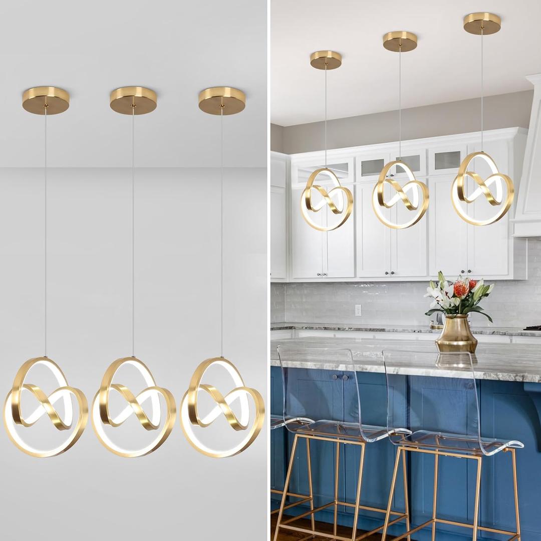 Modern LED Pendant Light Fixtures 5500K Pendant Lights Kitchen Island Lighting Adjustable Height Gold Hanging Lamp for Dining Room Bedroom Living Room,3 Packs