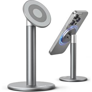 Nulaxy Magnetic Full Aluminum Cell Phone Stand for MagSafe with Metal Ring, 360 Rotating Phone Stand for Desk, Office Desk Accessories, Adjustable Phone Holder Compatible with All Phones, Gray