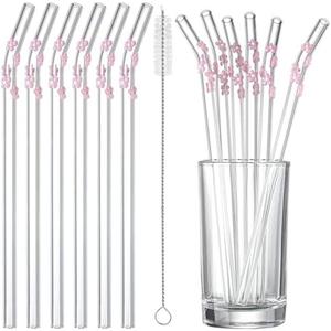 Honeydak 3Pcs Pink Cherry Blossoms Glass Straws with Charms Cute Reusable Straws Glass with Brush Flower Shaped Clear Drinking Sucker Spring Party Decor Bachelorette Decor Bridal Engagement Drinkware
