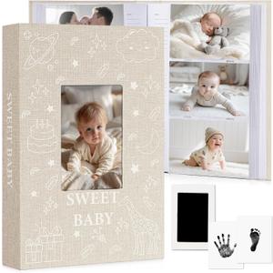 Baby Photo Album 4x6 300 Pockets with Memo Area & Hand and Footprint Kit, Linen Cover Slip-in Memory Book with Front Window, Acid-Free Keepsake for Newborn Boy Girl, First Year Moments (Beige)