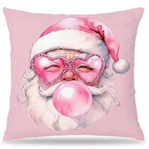 LUKIPOM Funny Pink Santa Pillow Covers 18x18, Pink Christmas Pillow Covers for Couch, Santa Claus Christmas Living Room Bedroom Decor