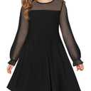 Haloumoning Girls Contrast Mesh Long Sleeve High Waist A Line Short Dress with Pockets 5-6 Years Black, Size 140