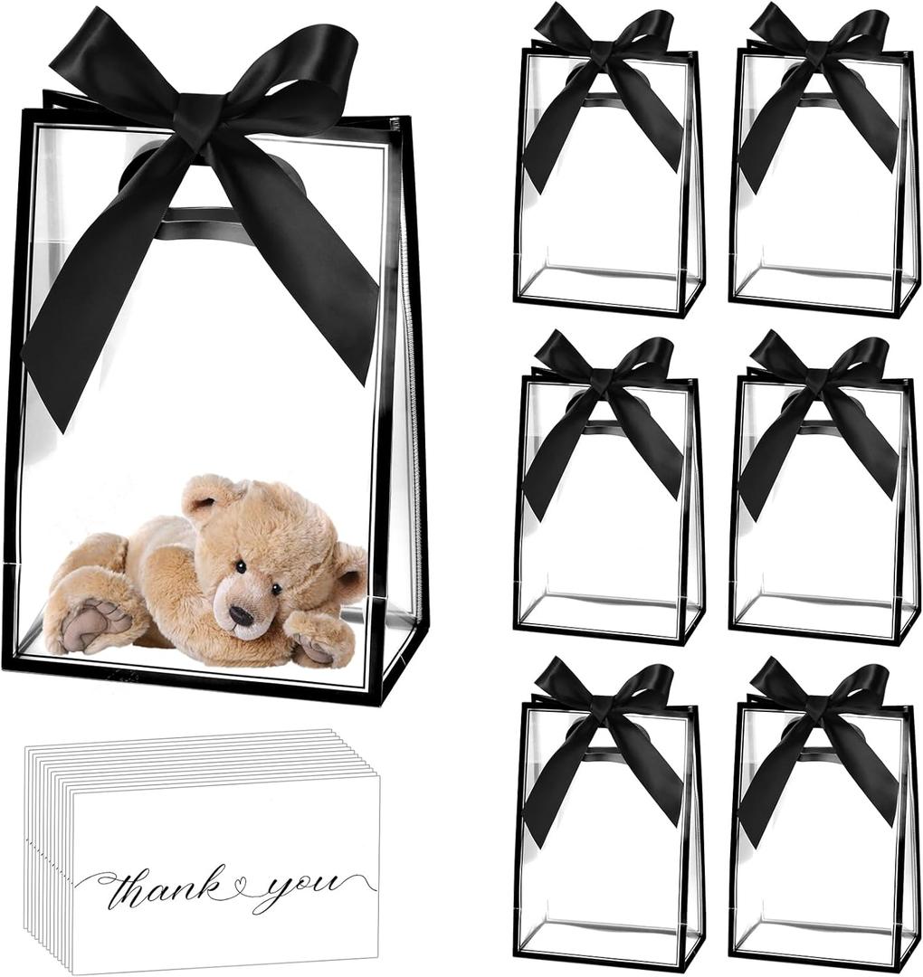 GAWBYET 24 Pcs Clear Plastic Gift Bags with Handles, Reusable Party Favor Bags With ribbons and cards for Mother's Day, Birthday, Wedding,Bachelorette Party,(8.6 x 12 x 4 Inch)