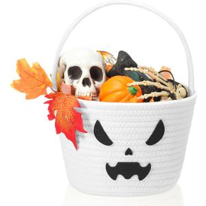 Halloween Basket with Handle Cute Bucket Cotton Rope Woven Candy Server Bag Pumpkin Witch Cat Pig Storage Basket for Halloween Party Favor (Ghost, White, 1 Pack)