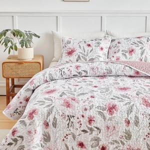 Flysheep Botanical Quilt Set King Size 3 Pieces, Blush Pink and Grey Flowers Printed Elegant Floral Summer Bedding Set, Soft Microfiber Lightweight Bedspread/Coverlet for All Season - 104"x90"
