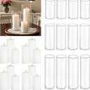 24 Pcs White Pillar Candles with Glass Candle Holder Hurricane Glass Candle Holders Clear Cylinder Vases for Centerpieces Wedding Office Party Home Table Decor (12 set)