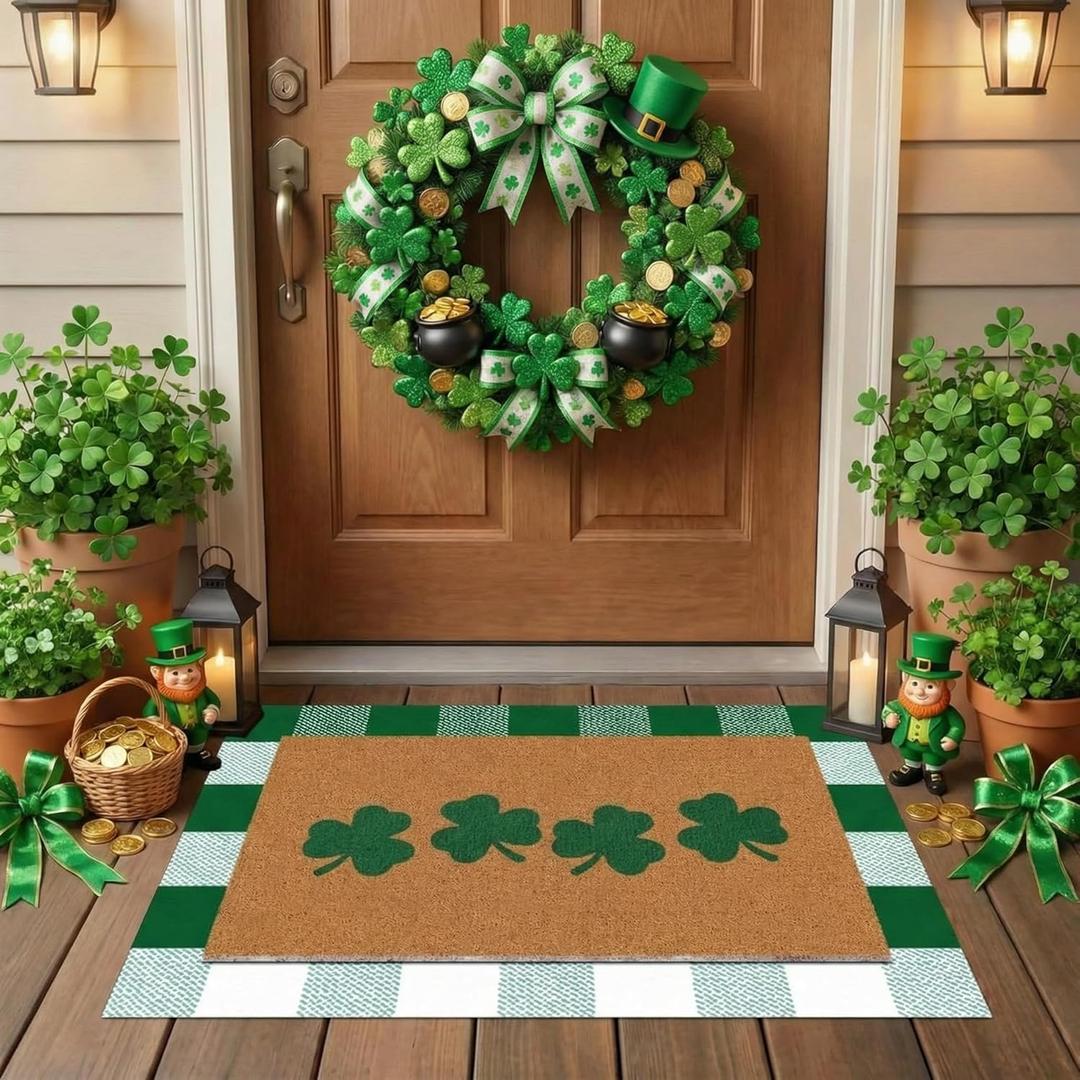 Tinideya 2 Pcs St. Patrick's Day Door Mat Shamrock Welcome Non Slip Green and White Coir Mats Floor Layering Doormats Seasonal for Front Porch Entryway Decor(Green White, St. Patrick's Day) (23.6 x 35.4 Inches)