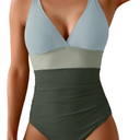 Women's One Piece Color Block Swimsuit Tummy Control Slimming Bathing Suit V Neck Cutout High Waisted Swimwear Medium