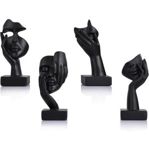 LCCCK Abstract Face Statues Set of 4  Black Thinker Style Face Sculptures for Shelf, Desk or Home Decor  Modern See No Evil Figurines  Minimalist Resin Art for Office or Gifts