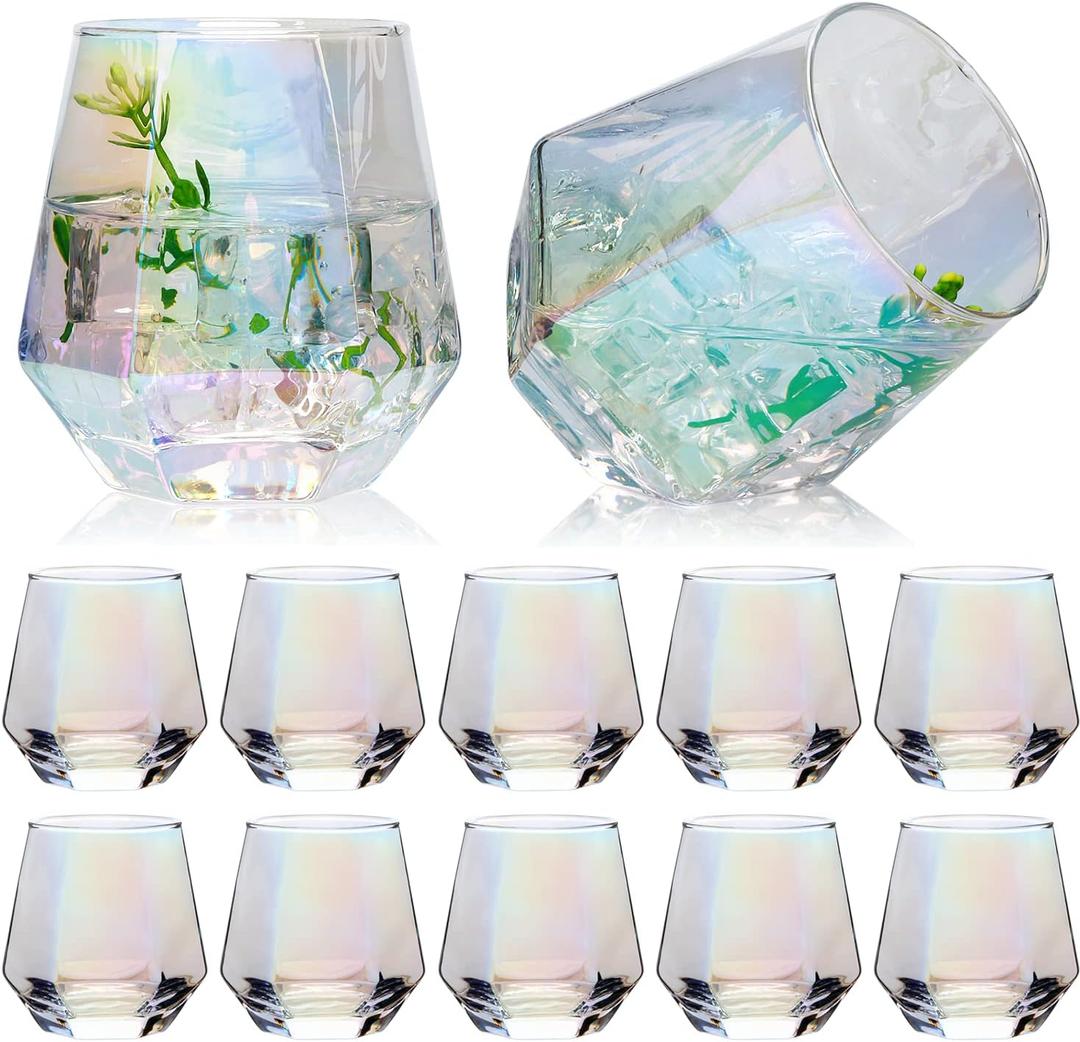 Stemless Wine Glass 10 oz,Iridescent Glassware, Diamond Shape Glass for Gift, Modern Rainbow Wine Glass for Serving White Wine, Red Wine, Cocktail, Whiskey, Bourbon, Cool Water, Set Of 12