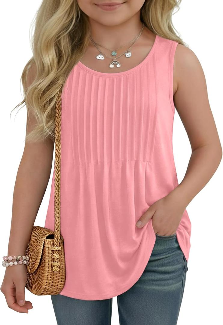 Ficerd Girls' Tank Tops Kids Summer Sleeveless Tunic Pleated Loose Shirt Dressy Crew Neck Casual Cute Blouses 5-14 Years (Pink)