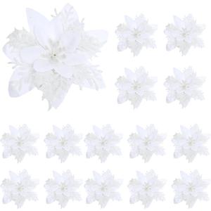Fumwase 15PCS Christmas Flowers Artificial Poinsettia Glitter Decorations with Clips and Stems DIY Christmas Ornaments for Christmas Tree New Year Wedding Party (Blue)