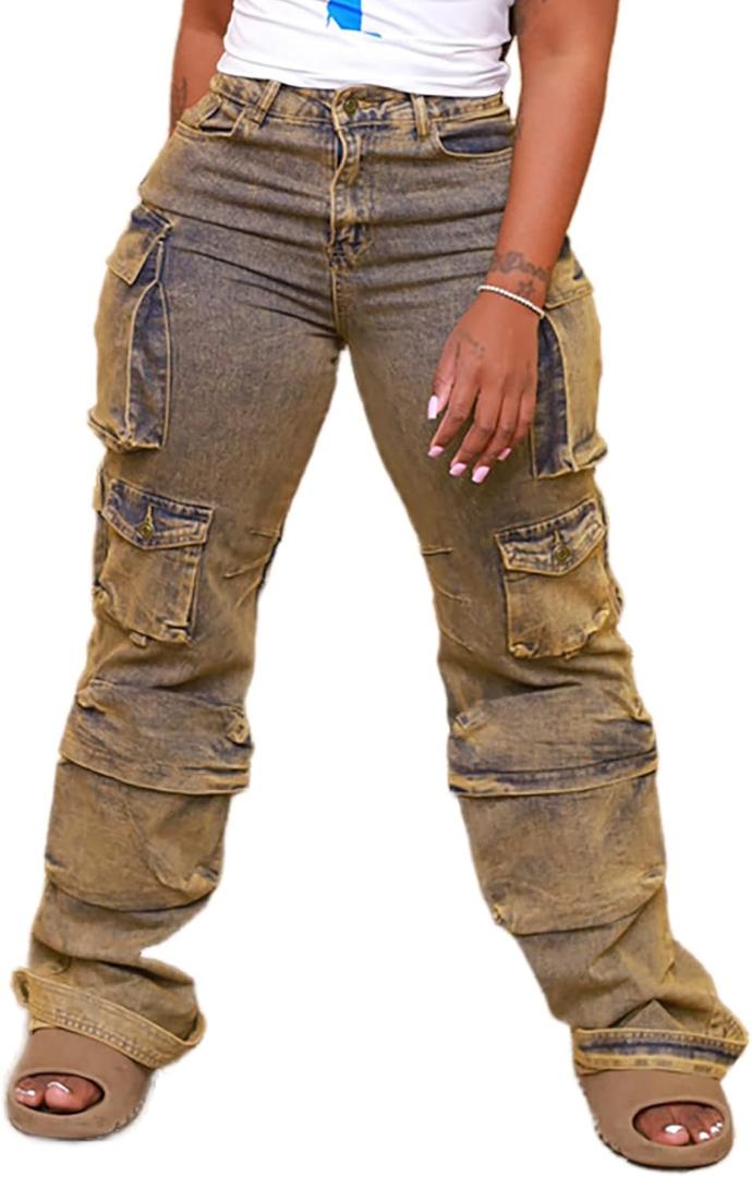 Vaceky Denim Baggy Jeans Women Straight Leg Y2K Distressed Cargo Joggers with Pockets (Large, 00 Yellow)
