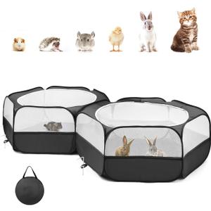 Pawaboo Small Animals Playpen, Portable Chicken Coop Run Large Chick Brooder with Zipper Splicing, Pop Up Pet Enclosure Cat Tent for Guinea Pig Bunny Puppy Indoor Outdoor, Black