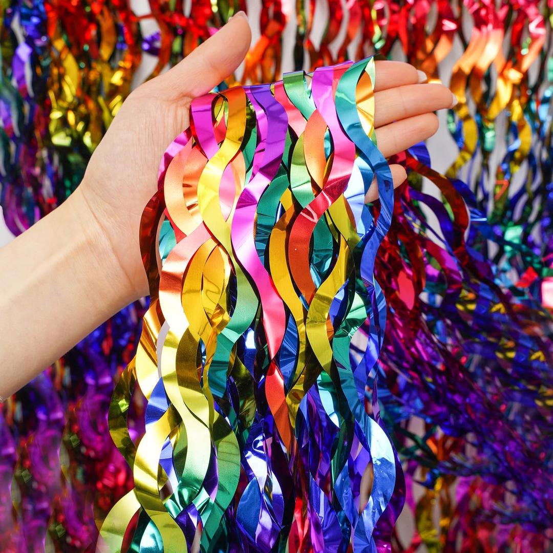 Shiny Rainbow Foil Fringe Curtain Wavy Rainbow Tinsel Streamer Backdrop for Party Decorations Birthday Wedding Graduation Baby Shower 2 Packs