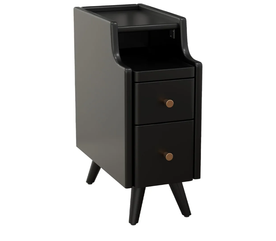 Small Nightstand with Drawers, Solid Wood Bedside Table, Narrow BlackNightstand for Bedroom